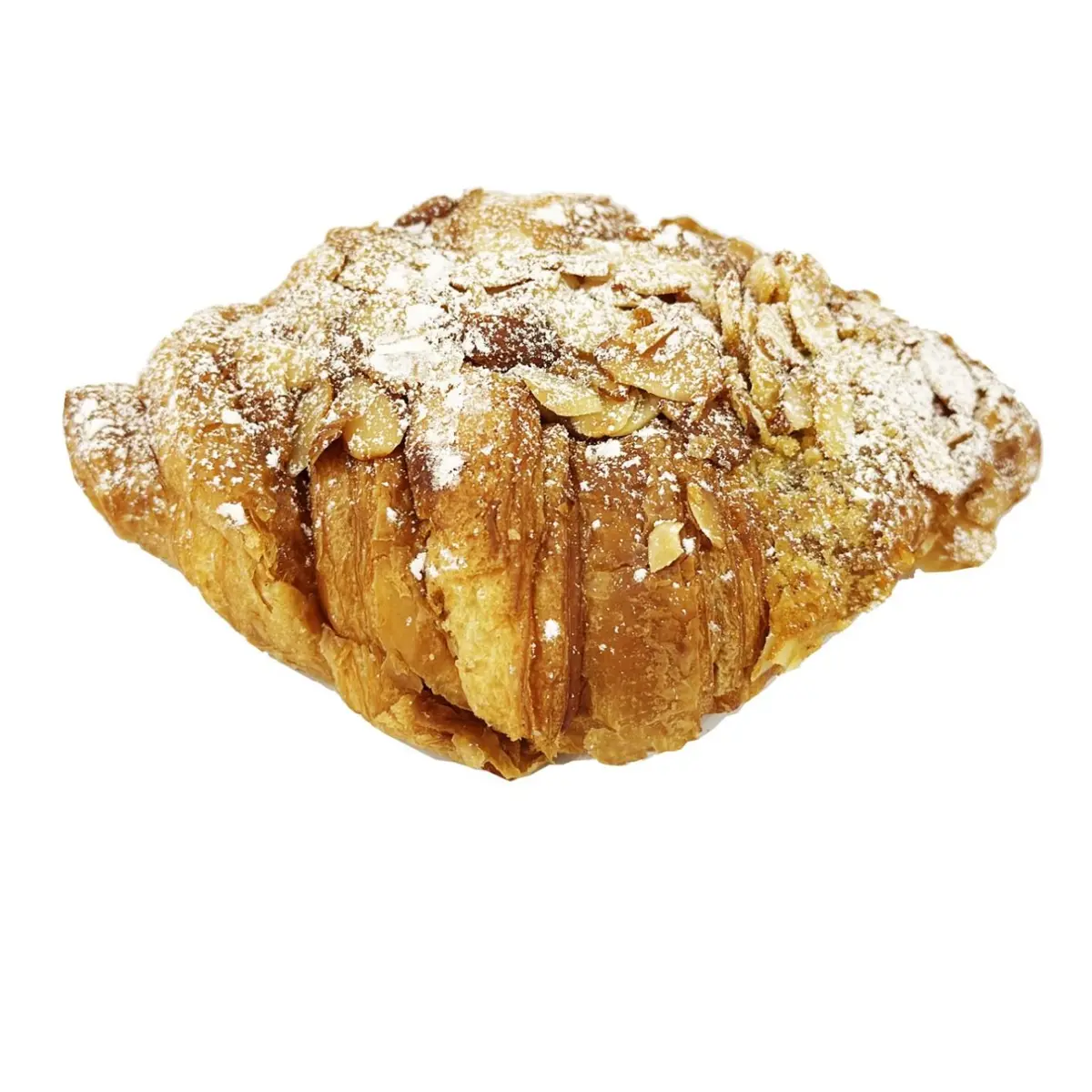 Almond croissant dusted with icing sugar and flaked almonds