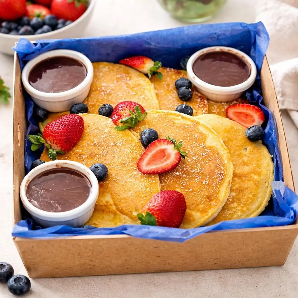 Catering pancake box with Nutella, maple syrup, berry compote and fresh berries